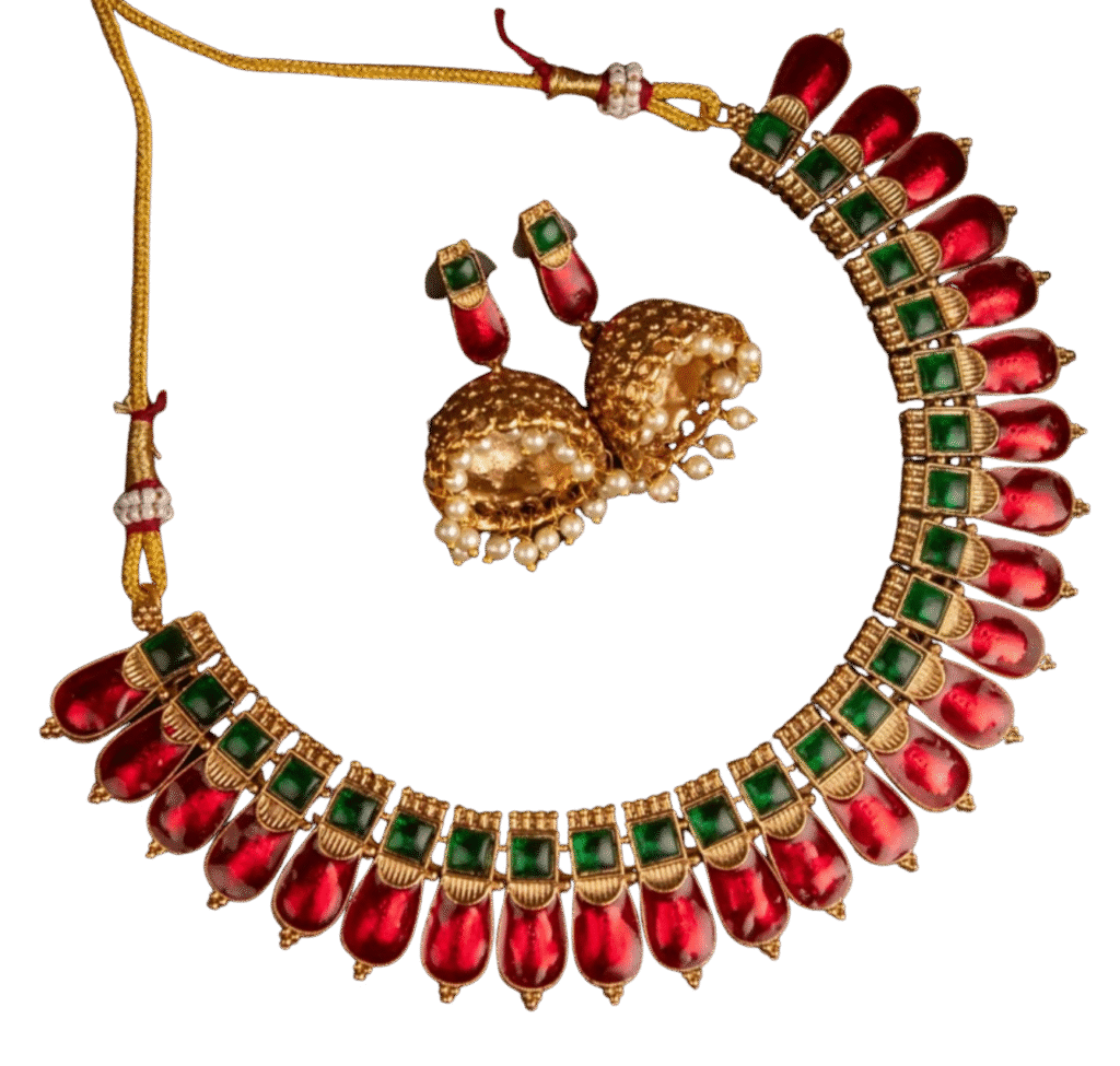 Regal Green & Ruby-Red Traditional Necklace with Jhumka Earrings