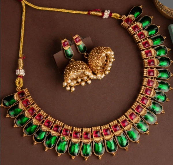 Regal Green & Ruby-Red Traditional Necklace with Jhumka Earrings