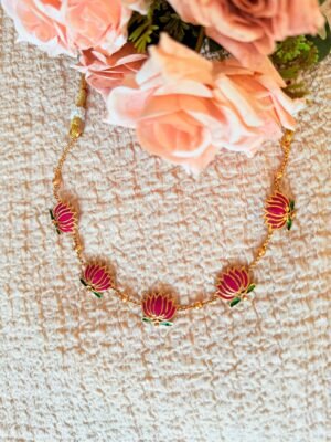 Lotus-Inspired Enamel Necklace & Earring Set – Magenta & Green Floral Indian Jewelry