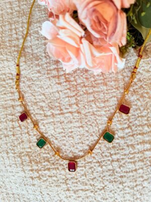 Ruby Red & Emerald Green Geometric Stone Necklace with Matching Earrings