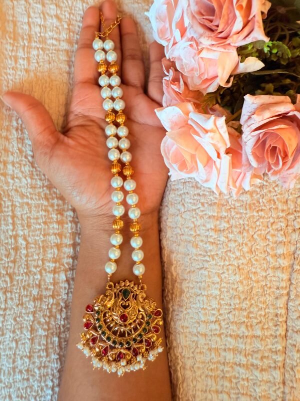 Gold-Plated South Indian Pearl Necklace & Jhumka Earrings Set – Temple Peacock Pendant with Ruby & Emerald Stones