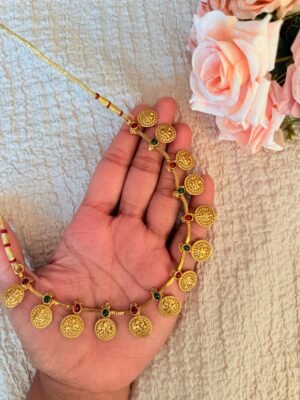 South Indian Gold Coin Necklace & Earring Set – Temple-Inspired Jewelry with Ruby & Emerald Gemstones