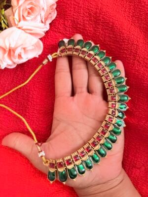 Green & Ruby-Red Traditional Necklace with Jhumka Earrings