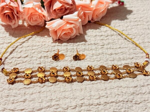 Three layered coin floral necklace set