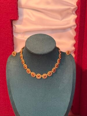 Golden floral ruby stone necklace with earrings