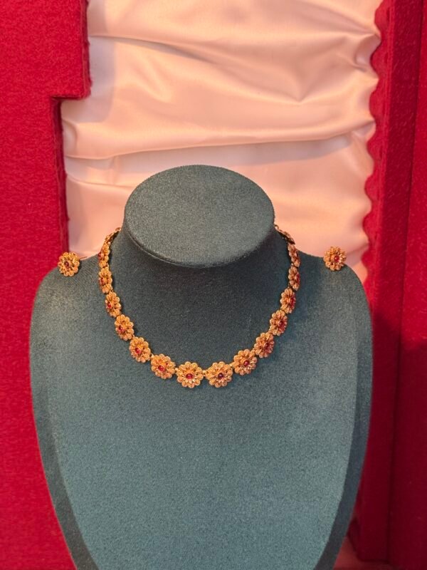 Golden floral ruby stone necklace with earrings