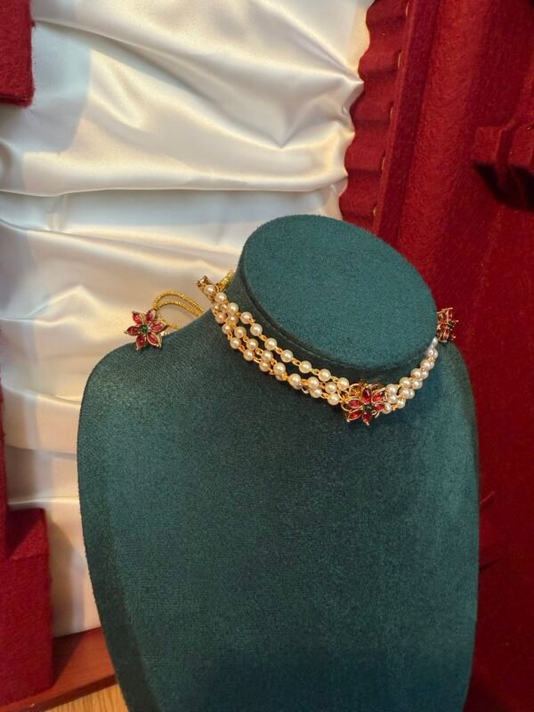 Three layered pearl ruby stone choker set