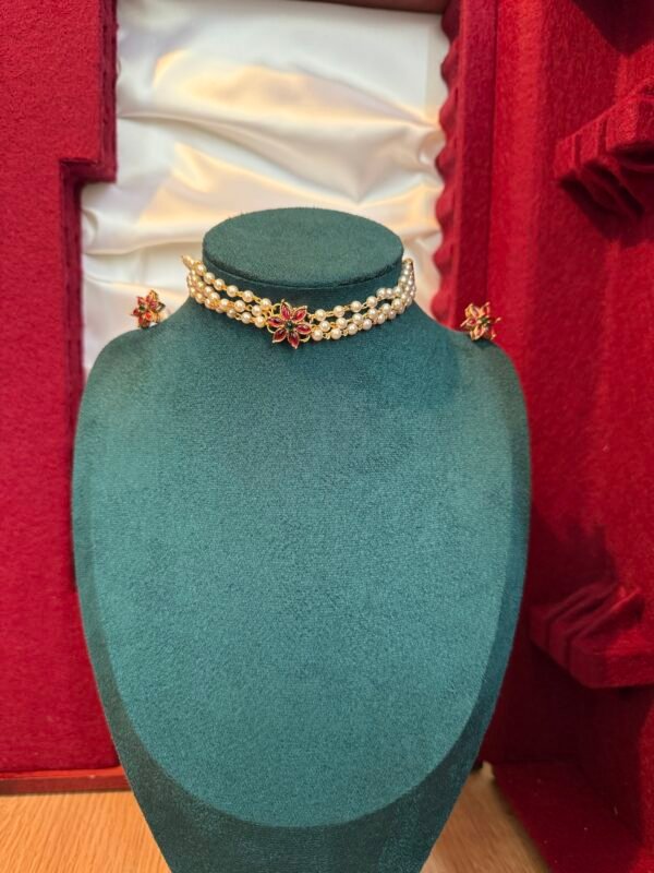 Three layered pearl ruby stone choker set
