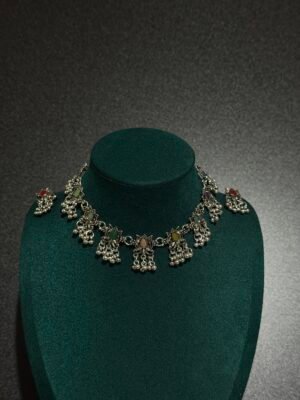 Silver lotus choker necklace with earings