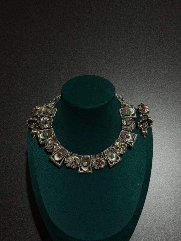 Multi colored gemstone silver choker necklace with earings