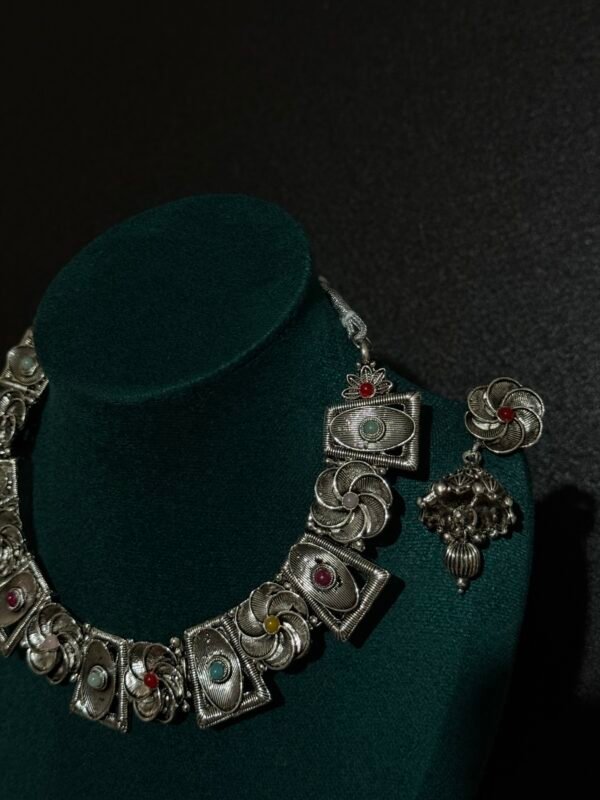 Multi colored gemstone silver choker necklace with earings