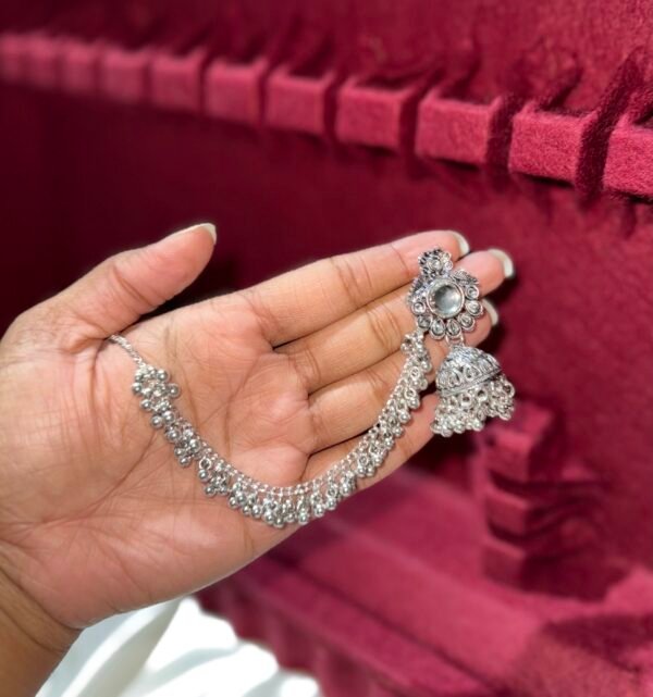 Silver Jhumka white stone with ear chain TJSJ67