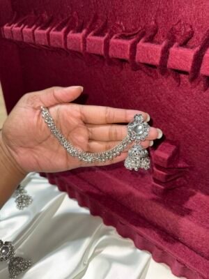 Silver Jhumka white stone with ear chain TJSJ67