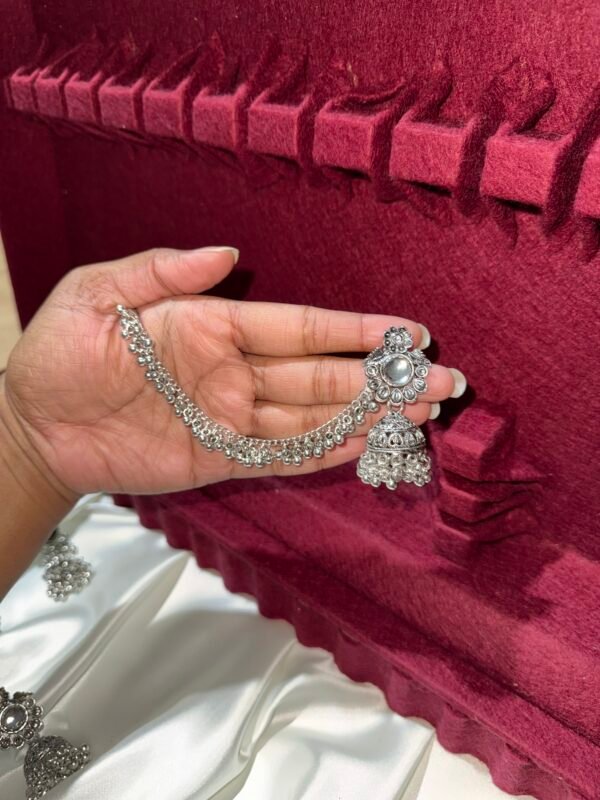 Silver Jhumka white stone with ear chain TJSJ67