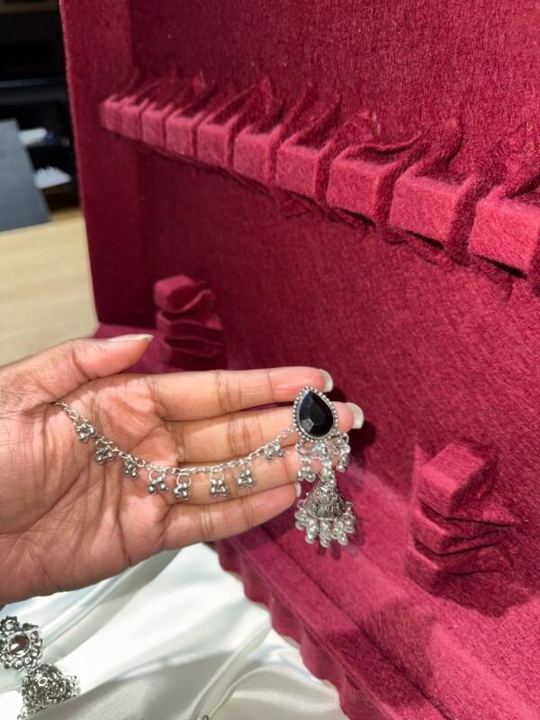 Silver jhumka black stone with ear chain