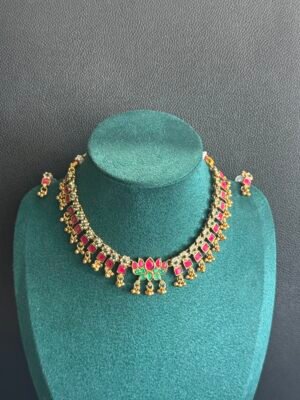 Ruby Green lotus white stone floral design necklace