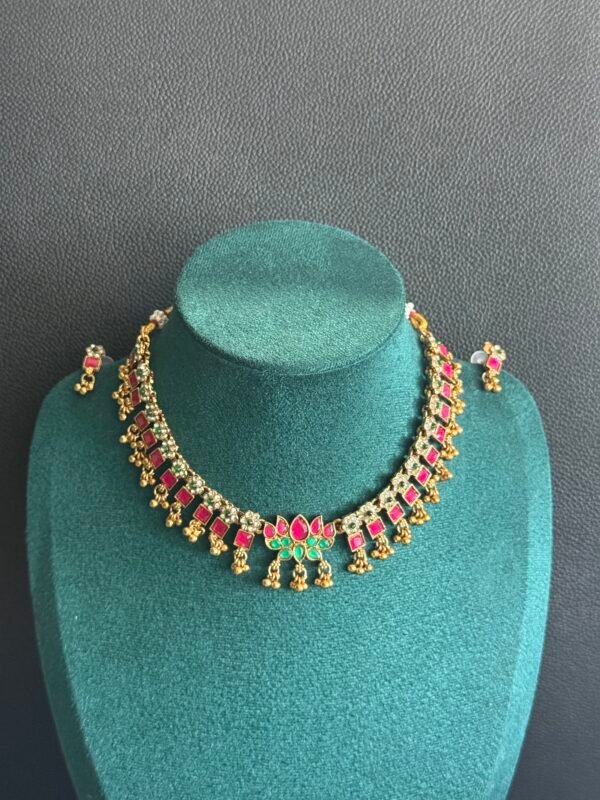 Ruby Green lotus white stone floral design necklace