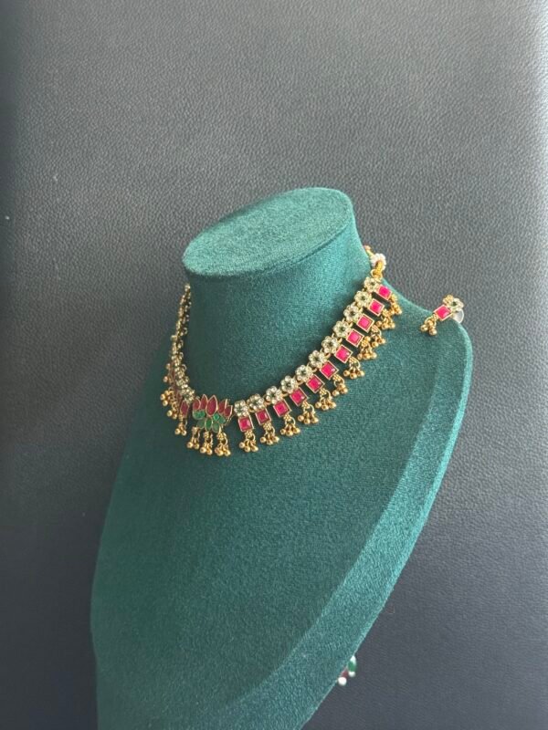 Ruby Green lotus white stone floral design necklace