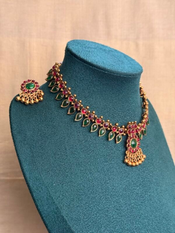Ruby Green Paalakka Mango Necklace with Stud earrings