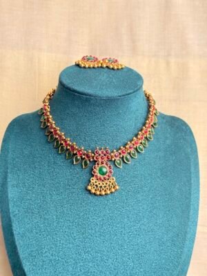 Ruby Green Paalakka Mango Necklace with Stud earrings