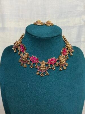 Pink lotus Lakshmi gold choker set