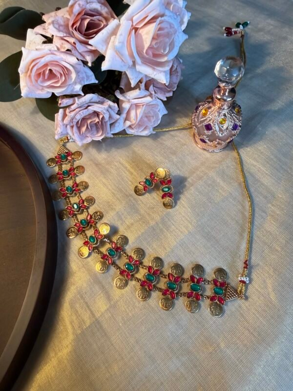 Coin with multi color floral choker necklace