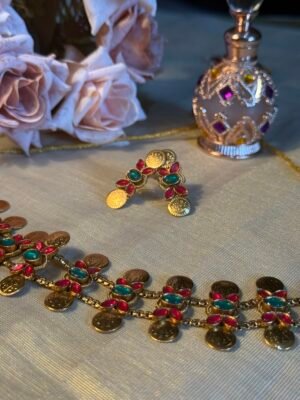 Coin with multi color floral choker necklace