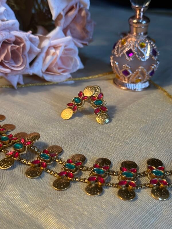 Coin with multi color floral choker necklace